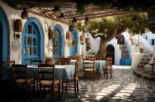 Authentic Greek tavern near sea. Travel greece. Generate Ai