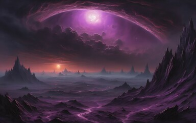 purple sunrise over the mountains, gaming concept