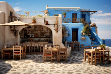 Cozy Greek tavern near sea. Travel greece. Generate Ai - obrazy, fototapety, plakaty
