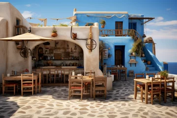 Fotobehang Cozy Greek tavern near sea. Travel greece. Generate Ai © juliars