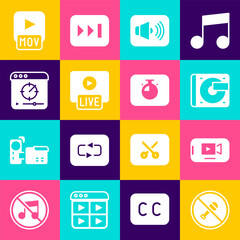 Set Mute microphone, Online play video, Vinyl player with vinyl disk, Speaker volume, Live stream, MOV file and Stopwatch icon. Vector