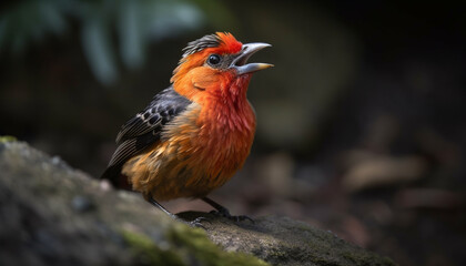 Colorful bird perched on branch, gazing at camera in forest generated by AI
