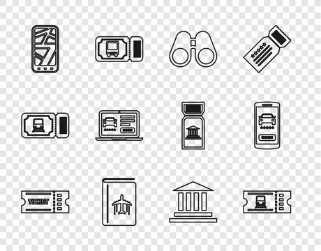 Set line Ticket, Train ticket, Binoculars, Cover book travel guide, Infographic of city map, Online car sharing, Museum building and icon. Vector