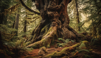 Ancient coniferous tree stands tall in foggy wilderness area generated by AI