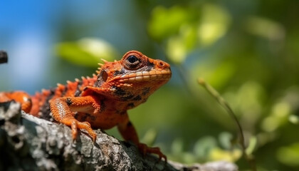 Obraz premium Multi colored gecko perching on branch, looking at tropical plant generated by AI