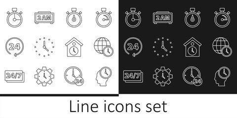 Set line Time Management, World time, Stopwatch, Clock, 24 hours, Retro wall and Digital alarm clock icon. Vector