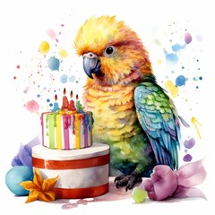Happy birthday parrot greeting card watercolor illustration, Happy birthday illustration theme. For banners, posters, advertising. AI generated.