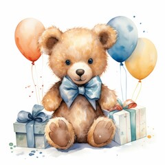 Happy birthday toy bear with gifts greeting card watercolor illustration. Happy birthday animal theme illustration. For banners, posters, gift cads, advertising. AI generated.