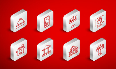 Set line Hanging sign with Rent, Online real estate house, Sale, Location, House, Hotel service bell, Museum building and icon. Vector