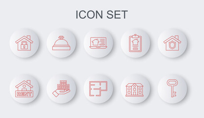 Set line House key, Hanging sign with Rent, Online real estate house, under protection, Hotel service bell, Skyscraper and plan icon. Vector