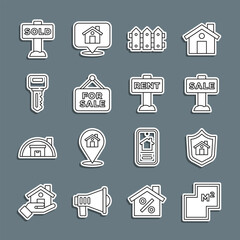 Set line House plan, with shield, Hanging sign Sale, Garden fence wooden, For, key, text Sold and Rent icon. Vector