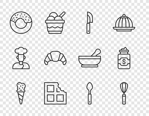 Set line Ice cream in waffle cone, Kitchen whisk, Knife, Chocolate bar, Donut, Croissant, Spoon and Jar of sugar icon. Vector