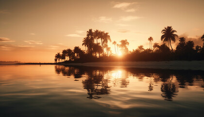 Fototapeta na wymiar Caribbean sunset palm trees, orange sky, tranquil waters, idyllic vacation generated by AI