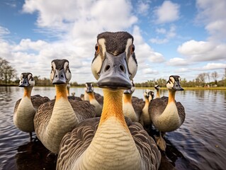 Close up portrait of a goose. Detailed image of the muzzle. A flock of wild geese swimming in a...
