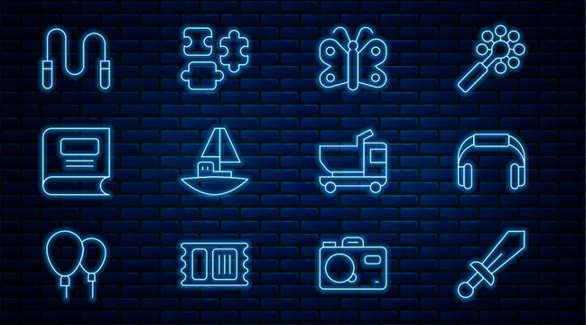 Set line Sword toy, Headphones, Butterfly, Toy boat, Book, Jump rope, truck and Puzzle pieces icon. Vector