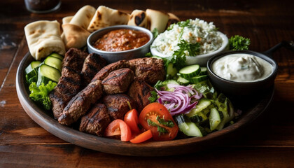 Fototapeta na wymiar Grilled beef skewer with fresh vegetables on rustic wooden plate generated by AI