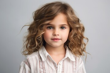 Portrait of a cute little girl with curly hair over gray background