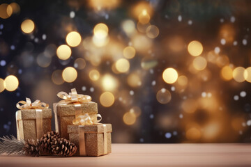 Christmas and new year background; gift boxes, pine cones, pine branches on the background; bokeh...