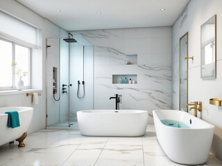Fototapeta na wymiar Bathroom, shower, washbasin, bathtub, marbleized