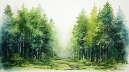 Fototapeta na wymiar Simple watercolor green forest