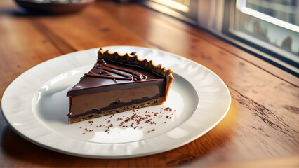 Um pedaço de torta cremosa de chocolate, dentro de um prato, sobre uma mesa de madeira dentro de uma confeitaria ao lado de uma janela. - obrazy, fototapety, plakaty