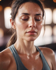 portrait of a woman with her eyes closed, hot yoga, workout, sweating