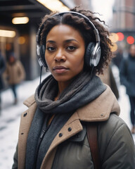 portrait of a woman wearing headphones, standing on a sidewalk in the city in winter