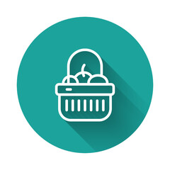 White line Shopping basket and food icon isolated with long shadow background. Food store, supermarket. Green circle button. Vector