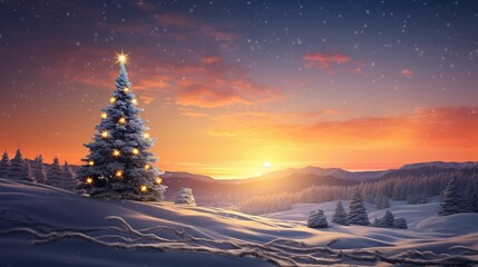Naklejka premium snowy field with a forest in countryside at sunset and golden hour with beautiful sky and a lonely Christmas tree deccorated with stars