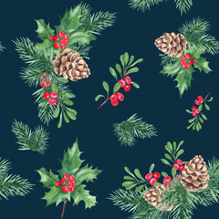 Christmas hand drawn seamless pattern with winter plants. Forest pine branches with cone, holly with red berries, cowberry or lingonberry on dark blue background. For fabric or textile prints, gift