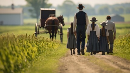 Amish Family Walking Beside a Horse-Drawn Buggy on an Ohio Road