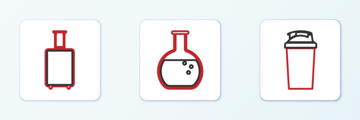 Set line Fitness shaker, Travel suitcase and Test tube and flask icon. Vector
