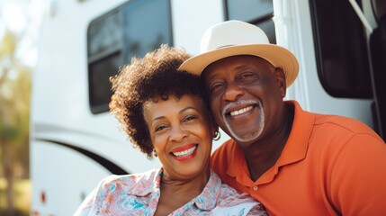 Elderly African American Couple Enjoying Vacation with Camper on International Day of Older Persons - Stock Image