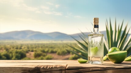 Naklejka premium Refreshing Agave Margarita - Tequila Bottle and Lime Slice on Rustic Wooden Table with Scenic Mexican Landscape in Background