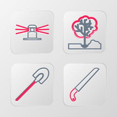 Set line Garden saw, shovel, and Automatic irrigation sprinklers icon. Vector