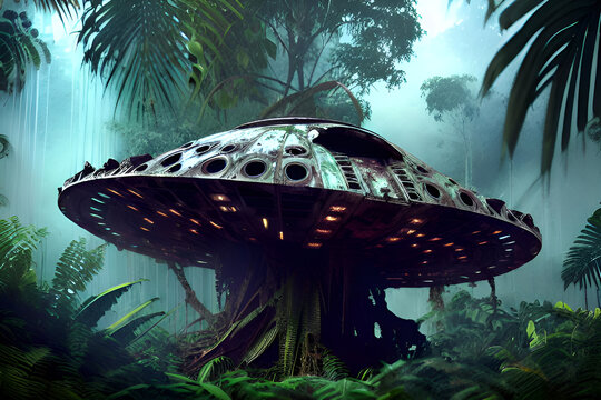Alein spacecraft saucer abandoned in dense jungle and overgrown with life