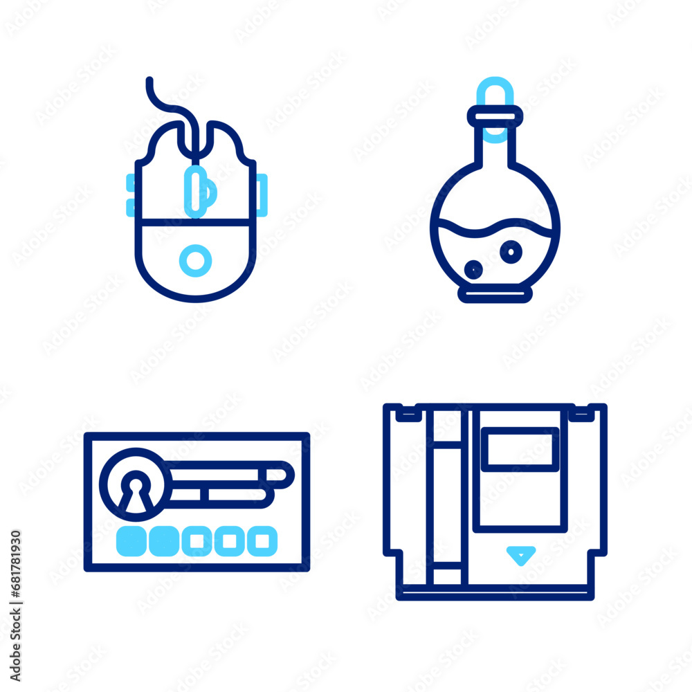 Poster set line cartridge, create account screen, bottle with magic elixir and computer mouse gaming icon. 
