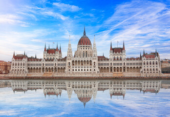 Fototapeta premium Parliament building in Budapest. Hungary. The building of the Hungarian Parliament is located on the banks of the Danube River, in the center of Budapest.