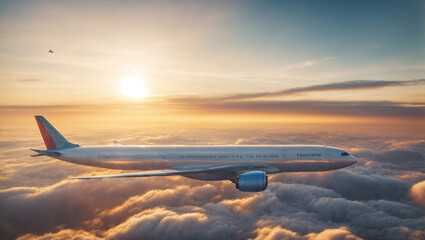 Obraz premium The Beauty of Aviation: A stunning view of an airliner above dramatic clouds during an evening sunset