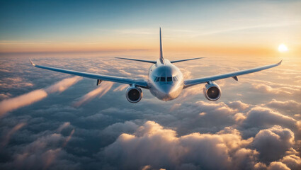 Obraz premium The Beauty of Aviation: A stunning view of an airliner above dramatic clouds during an evening sunset