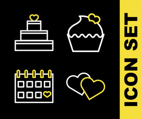 Set line Wedding cake with heart, Heart, Calendar and icon. Vector