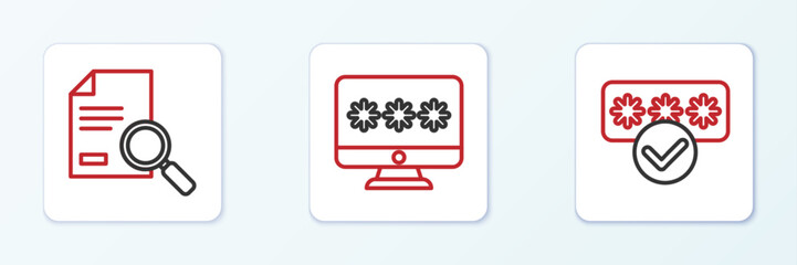 Set line Password protection, Document with search and Monitor password icon. Vector