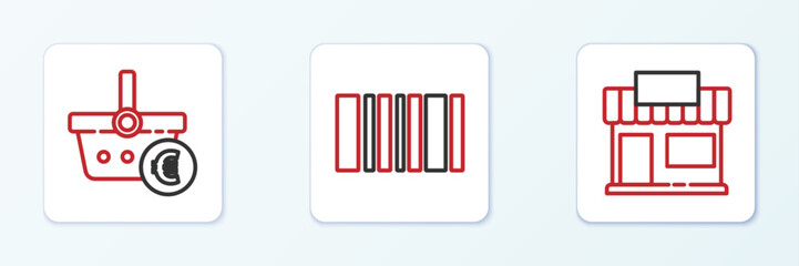 Set line Shopping building or market store, basket and euro and Barcode icon. Vector