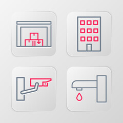 Set line Water tap, Security camera, House and Warehouse icon. Vector