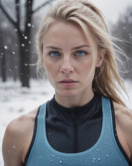 portrait of a blond woman, winter workout, outdoors