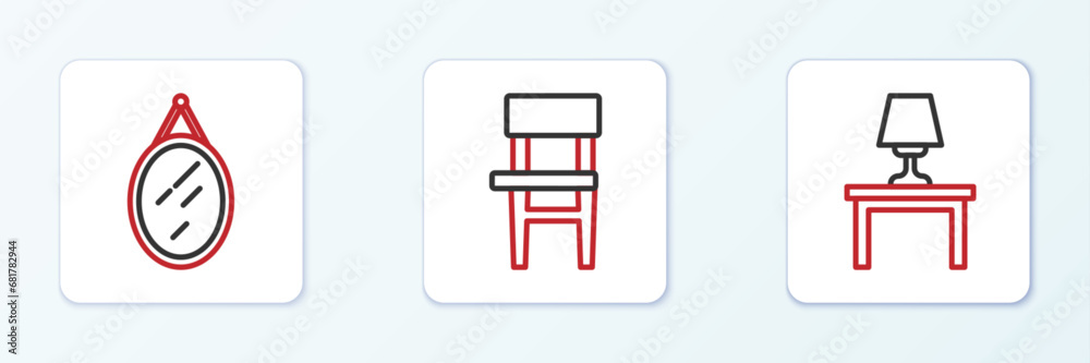 Sticker set line table lamp on table, mirror and chair icon. vector