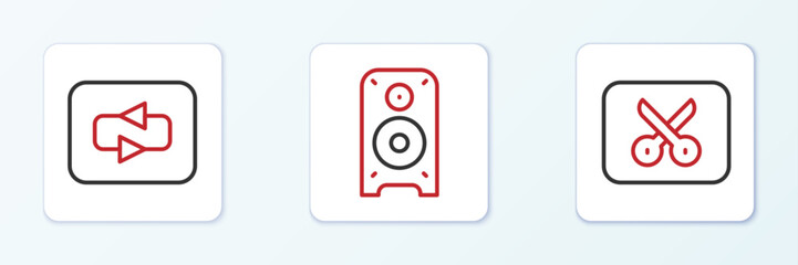 Set line Music or video editing, Repeat button and Stereo speaker icon. Vector