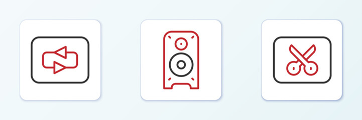 Fototapeta premium Set line Music or video editing, Repeat button and Stereo speaker icon. Vector