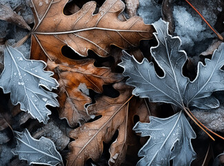 Nice macro autumn colorful leaves frosted with ice, cold weather, natural leaves pattern
