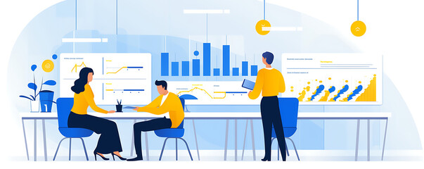 Group of Coworkers, Business People In An Office, Blue Yellow & White, Flat Icon Modern Vector Style